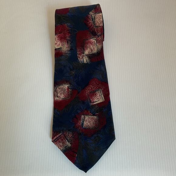 Vintage Halston 100% Italian Silk Tie Abstract Geometric Red Blue Retro Necktie - Picture 1 of 5